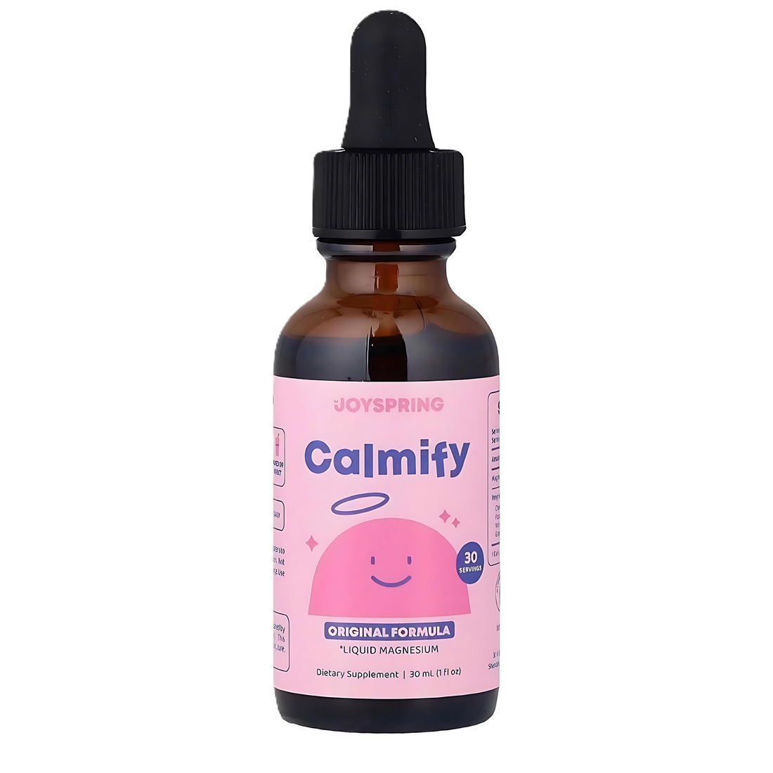 Bottle of Joyspring Calmify liquid supplement with a pink label on a white background