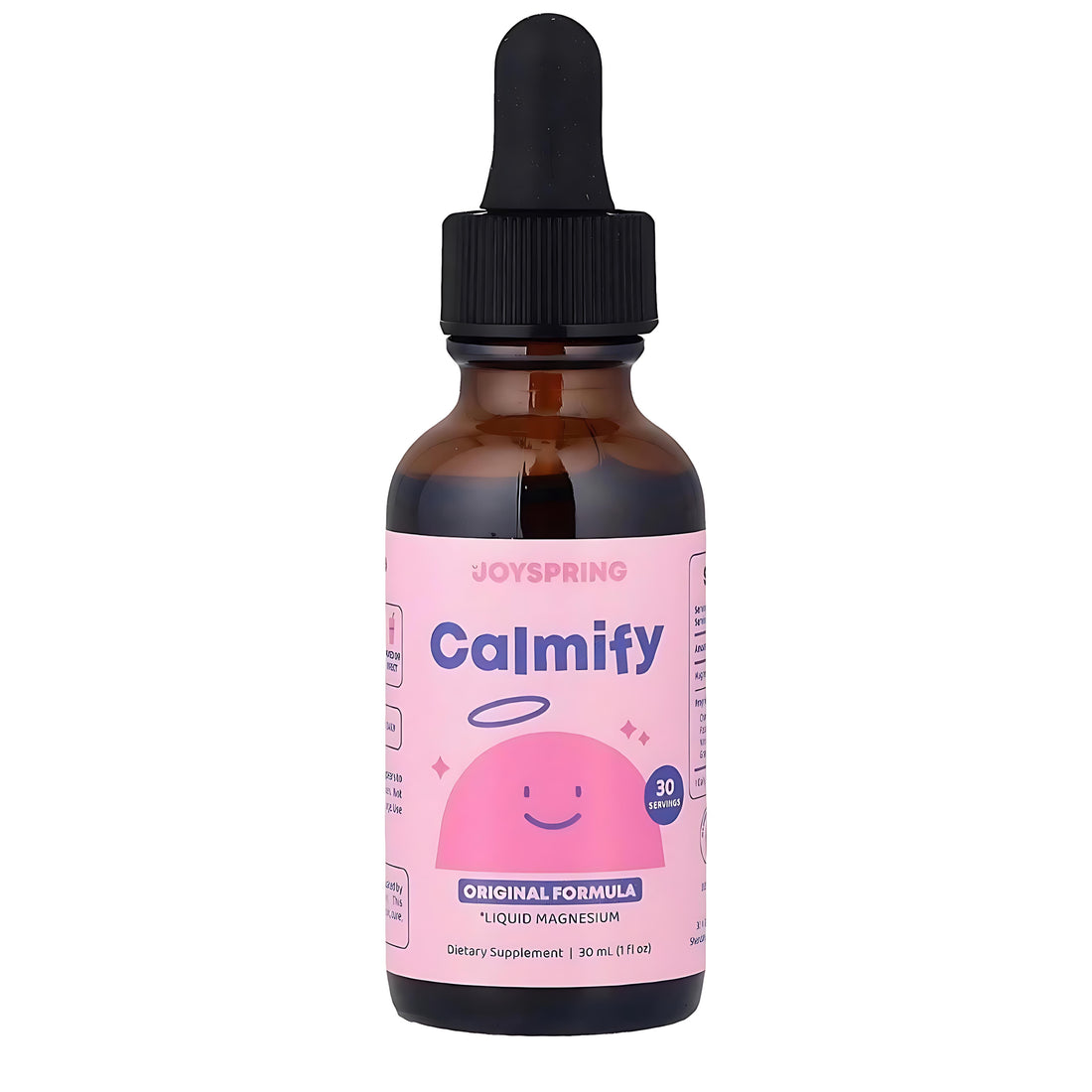 Bottle of Joyspring Calmify liquid supplement with a pink label on a white background