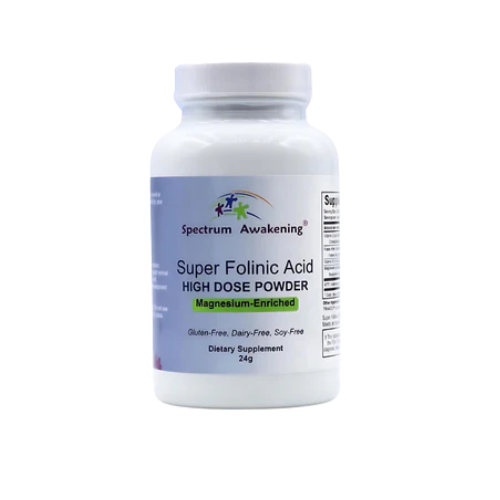 Supplement bottle labeled 'Super Folinic Acid High Dose Powder' by Spectrum Awakening on a white background.