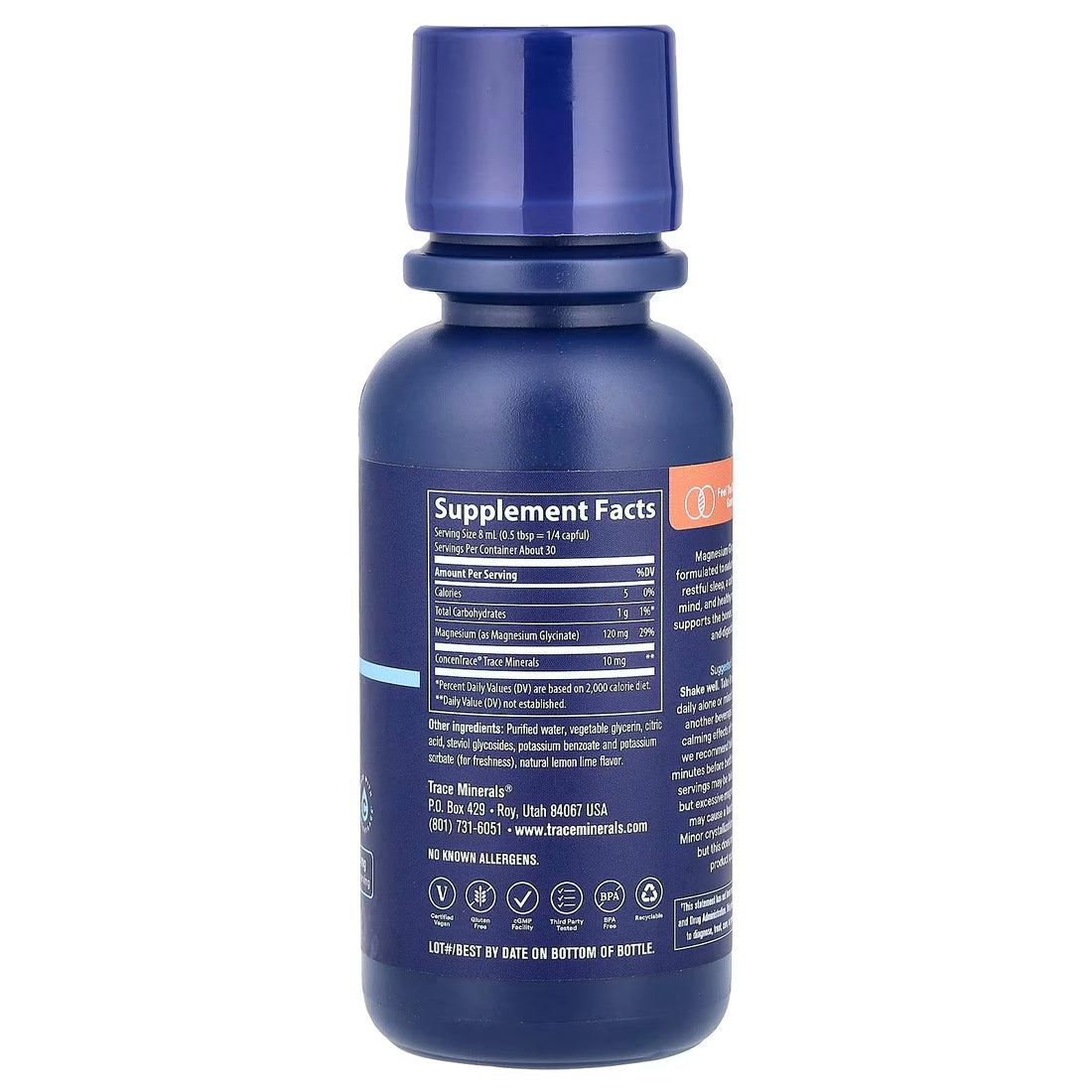 Blue bottle of trace Magnesium Glycinate liquid supplement on a white background