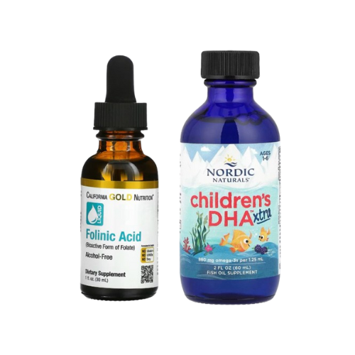 Two supplement bottles, one brown with a dropper and one blue, on a white background.