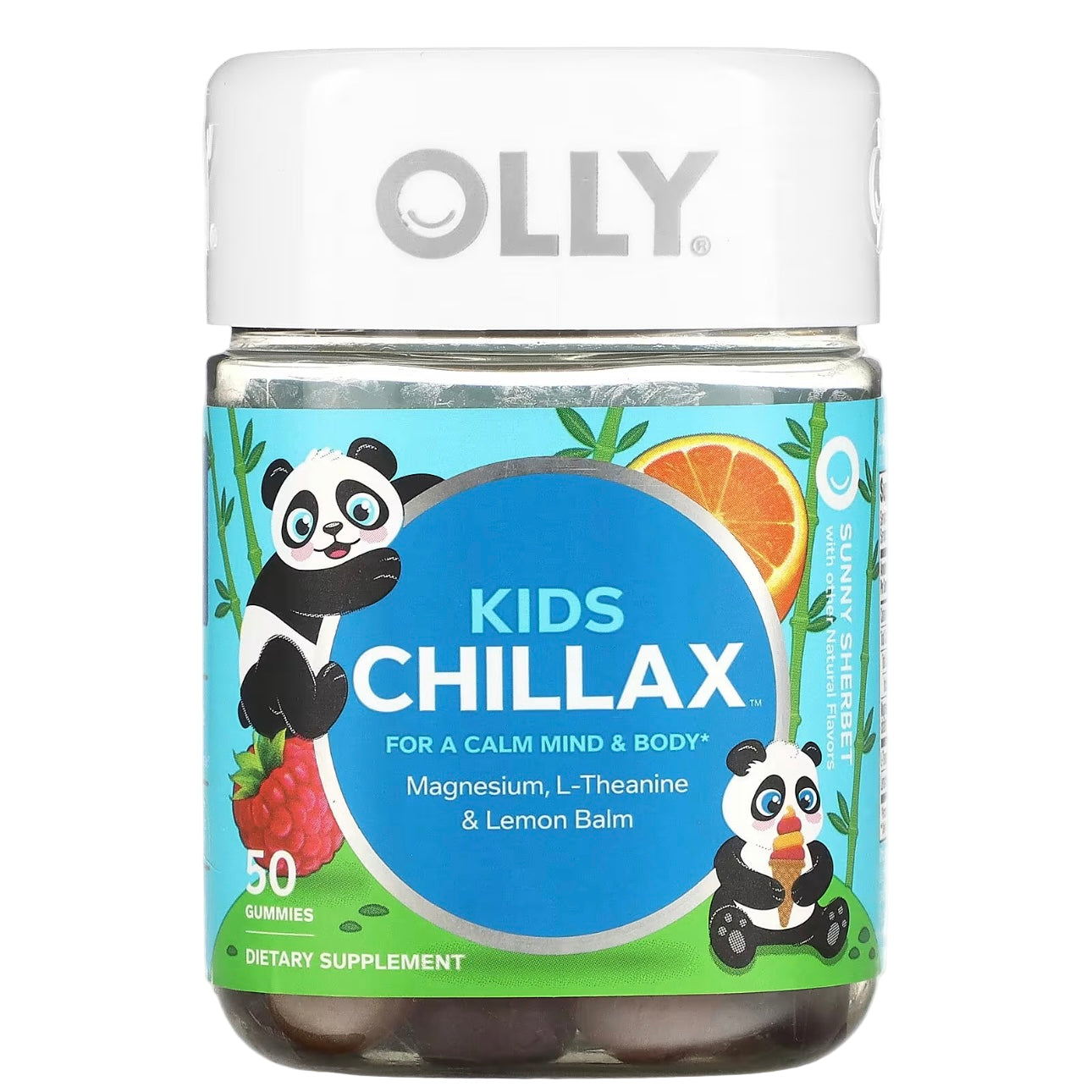 OLLY Kids Chillax supplement jar with panda characters on a white background