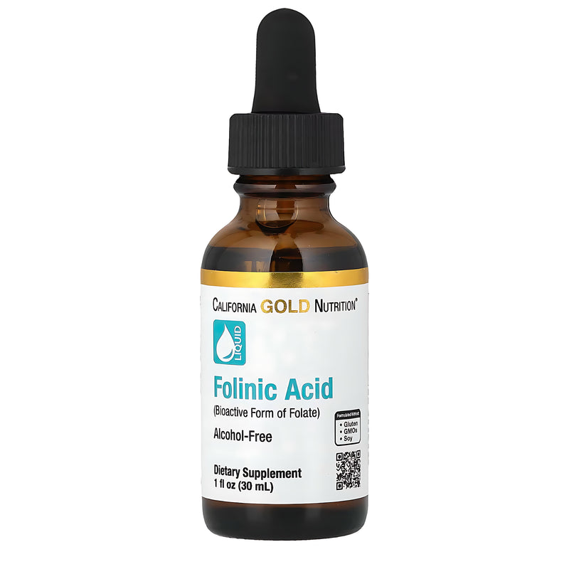 Bottle of California Gold Nutrition Folinic Acid supplement on a white background