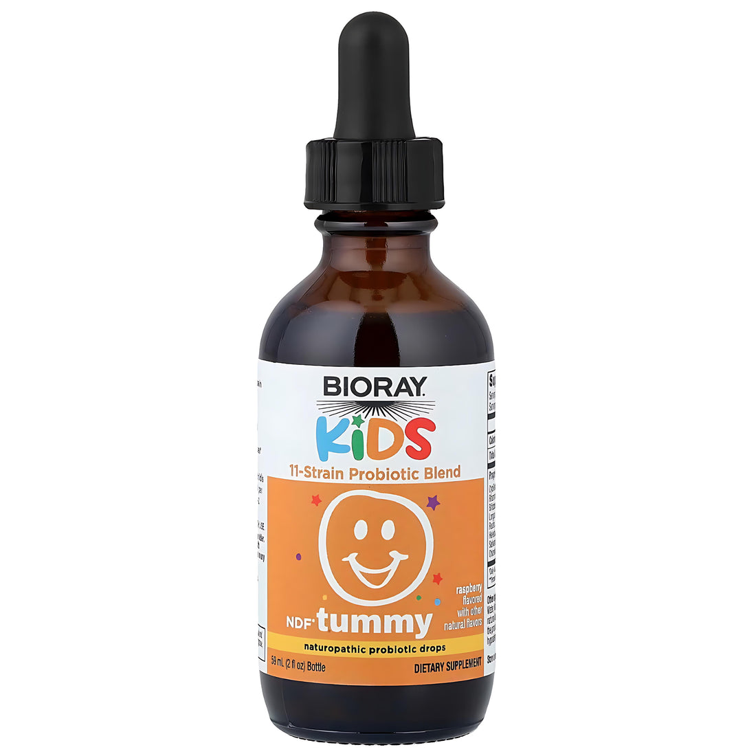 Bioray Kids probiotic blend bottle with dropper on a white background