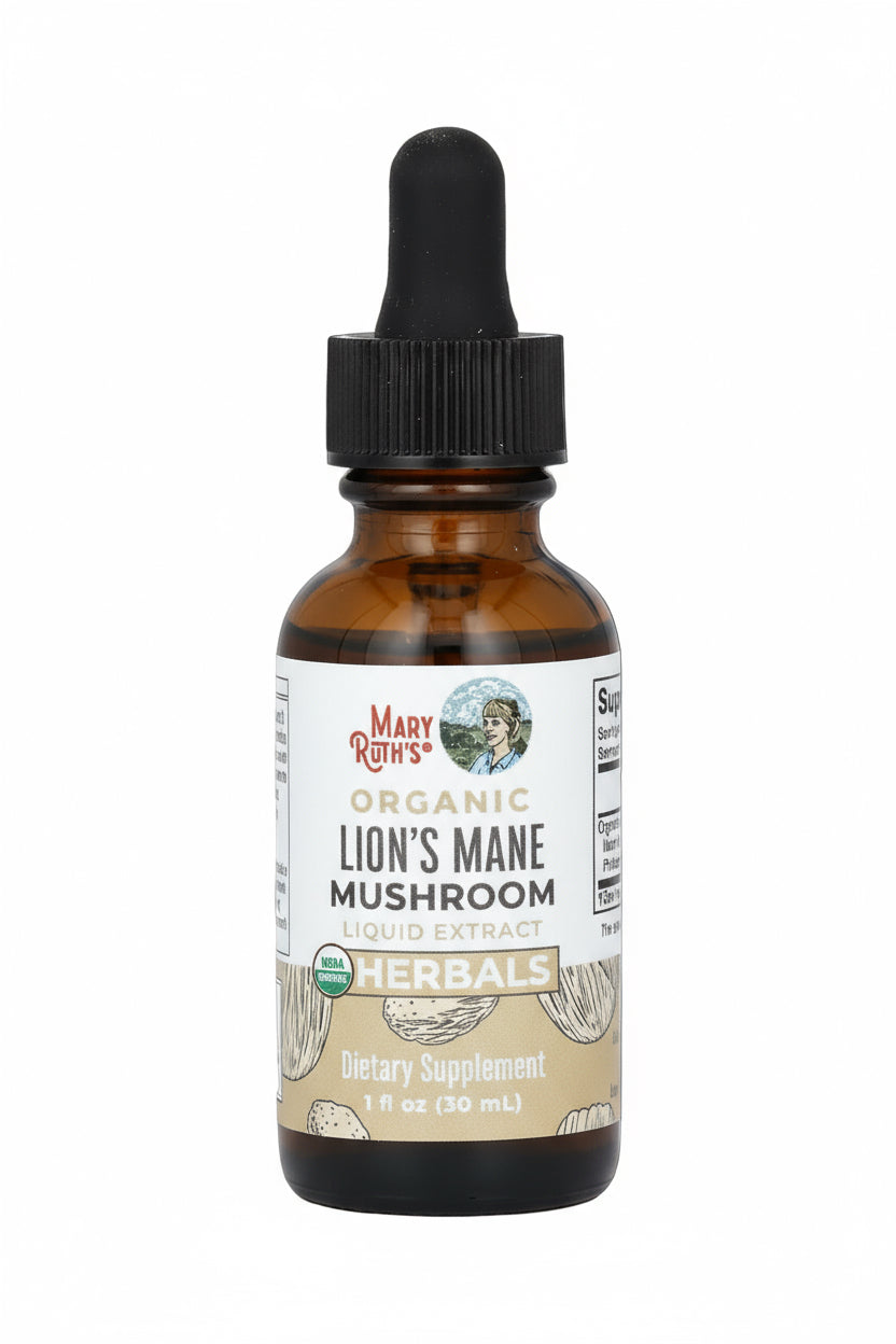 Bottle of Mary Rohn's Organic Lion's Mane Mushroom tincture on a white background