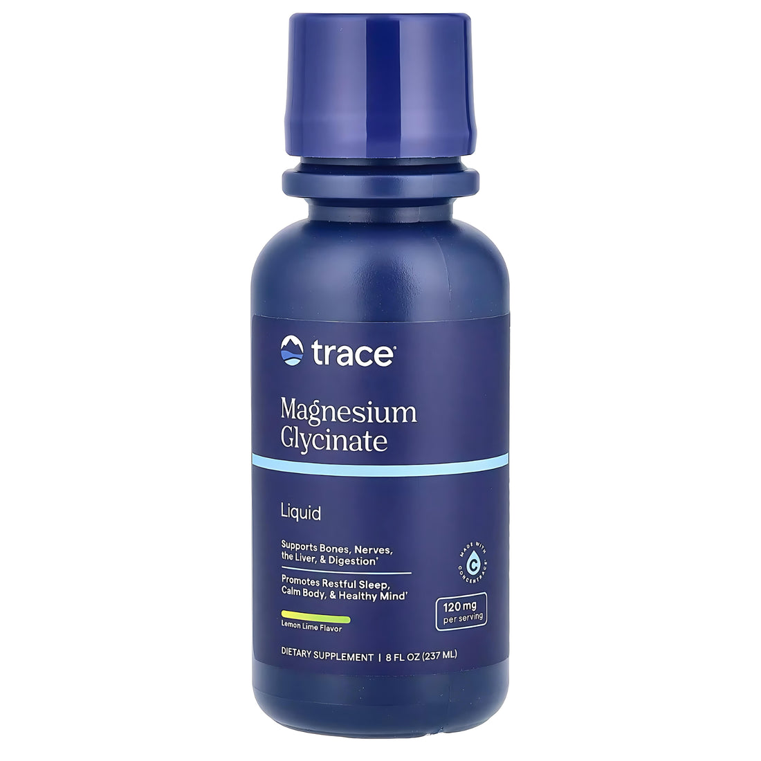 Blue bottle of trace Magnesium Glycinate liquid supplement on a white background