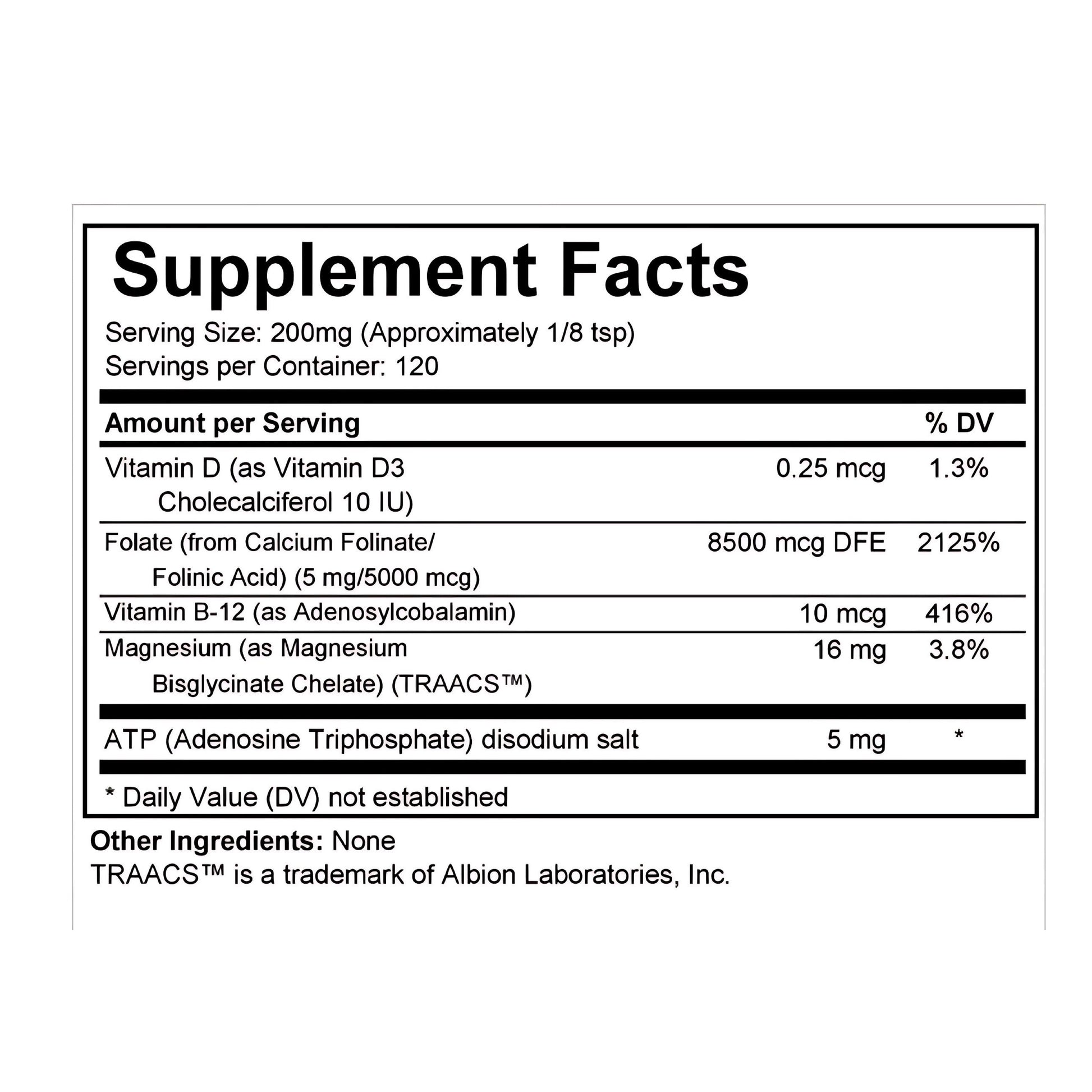Supplement facts label with detailed nutritional information on a white background