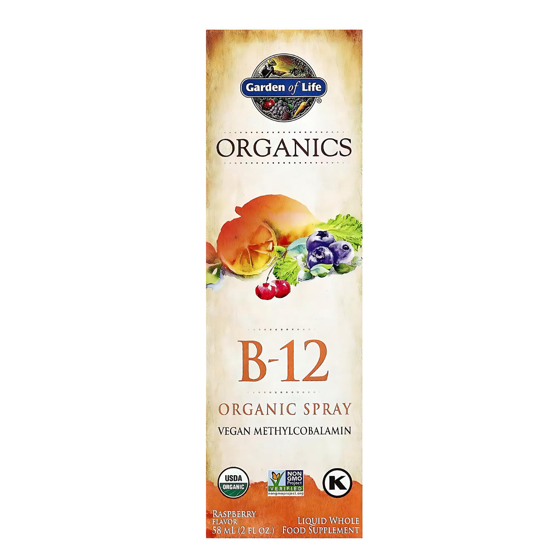 Bottle of Garden of Life Organics B-12 supplement spray on a white background