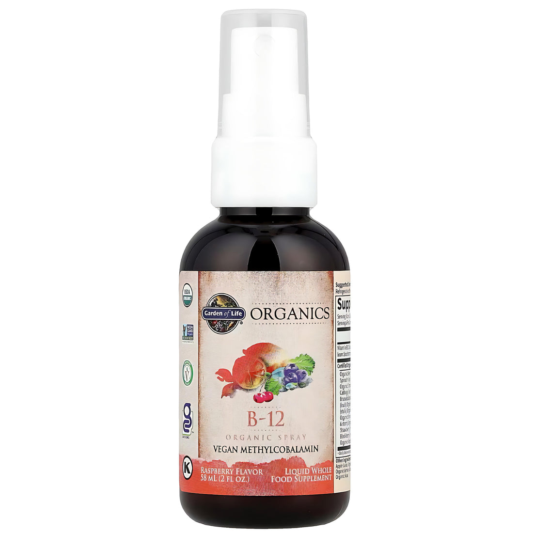 Bottle of Garden of Life Organics B-12 supplement spray on a white background