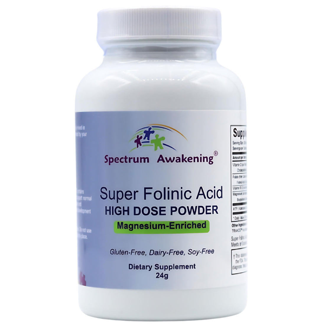 Supplement bottle labeled 'Super Folinic Acid High Dose Powder' by Spectrum Awakening on a white background.