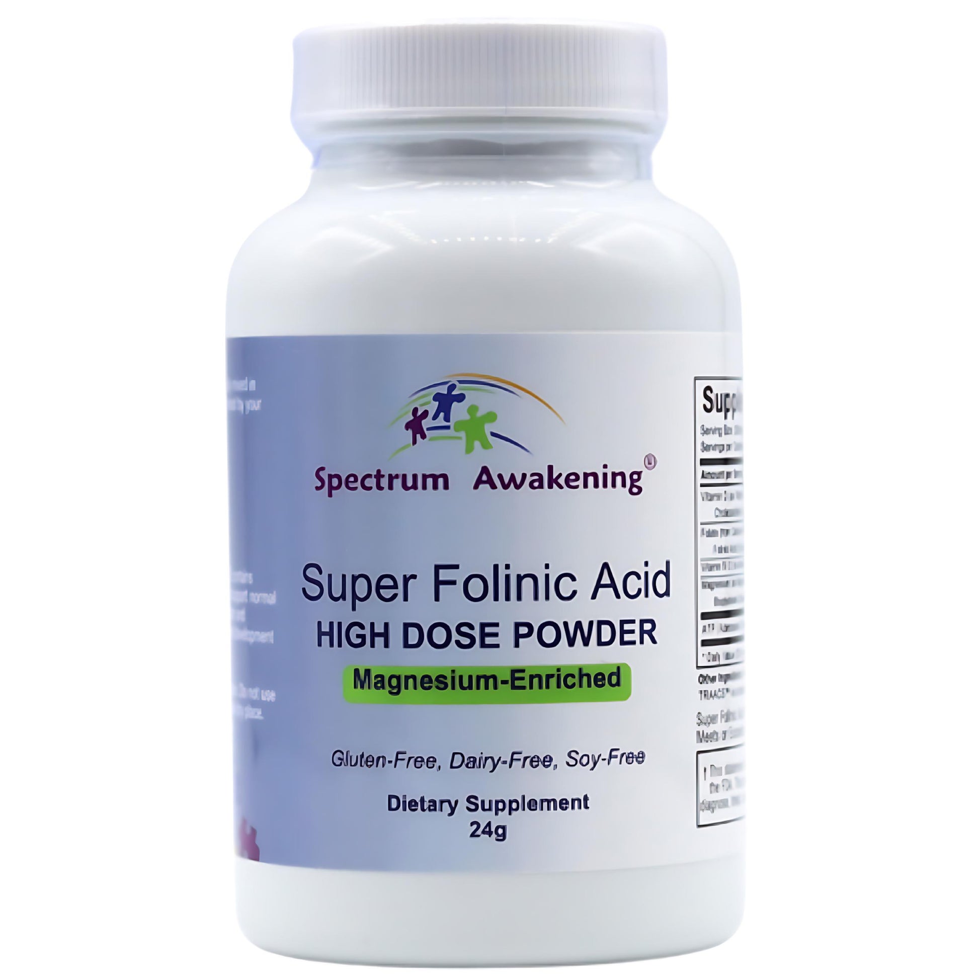Supplement bottle labeled 'Super Folinic Acid High Dose Powder' by Spectrum Awakening on a white background.