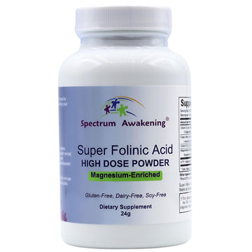 Supplement bottle labeled 'Super Folinic Acid High Dose Powder' by Spectrum Awakening on a white background.
