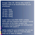 Supplement label with dosage instructions and product description on a blue background