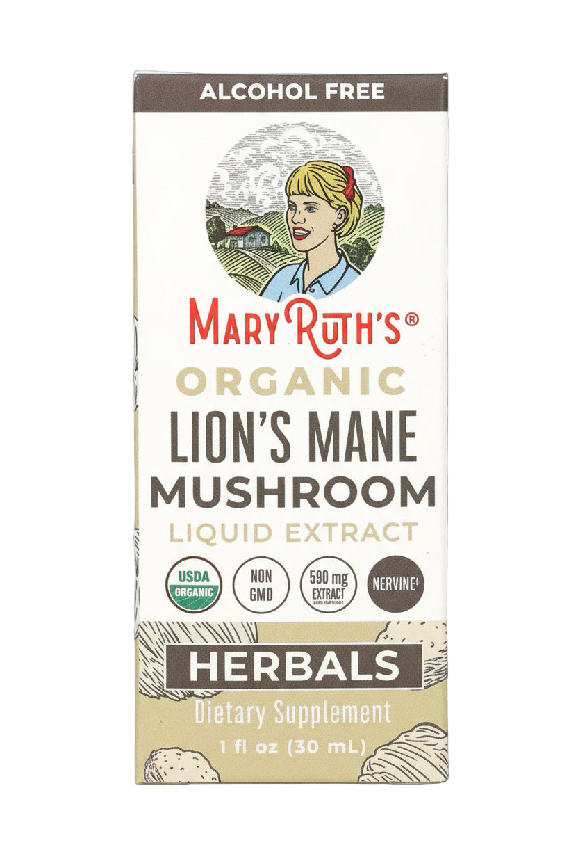 Box of Mary Ruth's Organic Lion's Mane Mushroom Liquid Extract on a white background