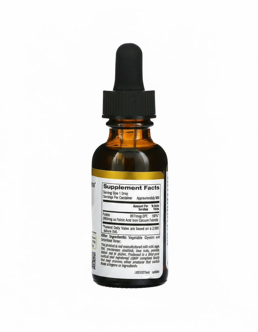 Brown glass bottle with dropper labeled 'Supplement Facts' on a white background