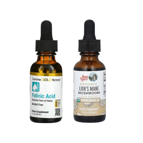 Two bottles of dietary supplements with droppers on a white background