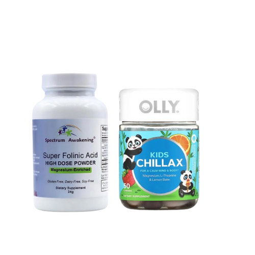 Two supplement bottles on a white background, one labeled 'Super Folinic Acid' and the other 'OLLY Kids Chillax'.
